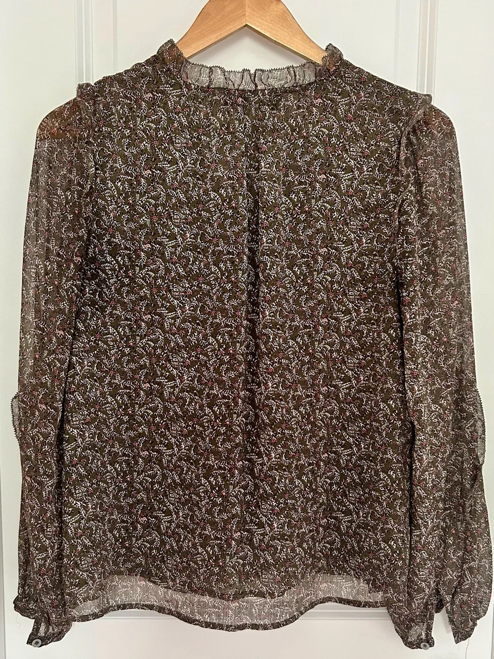 LOFT Olive Green Floral Sheer V-Neck Long Sleeve Blouse